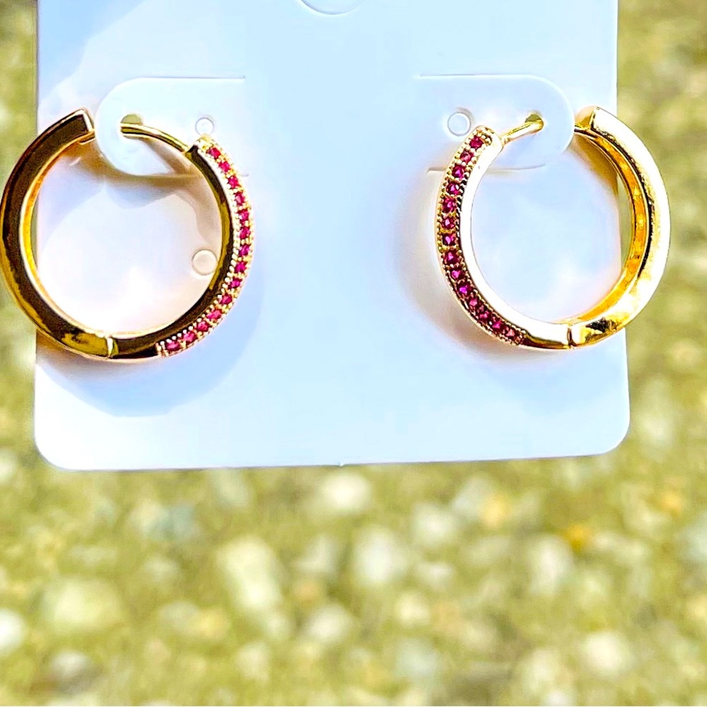 18K gold plated hoop earrings with pink gemstone